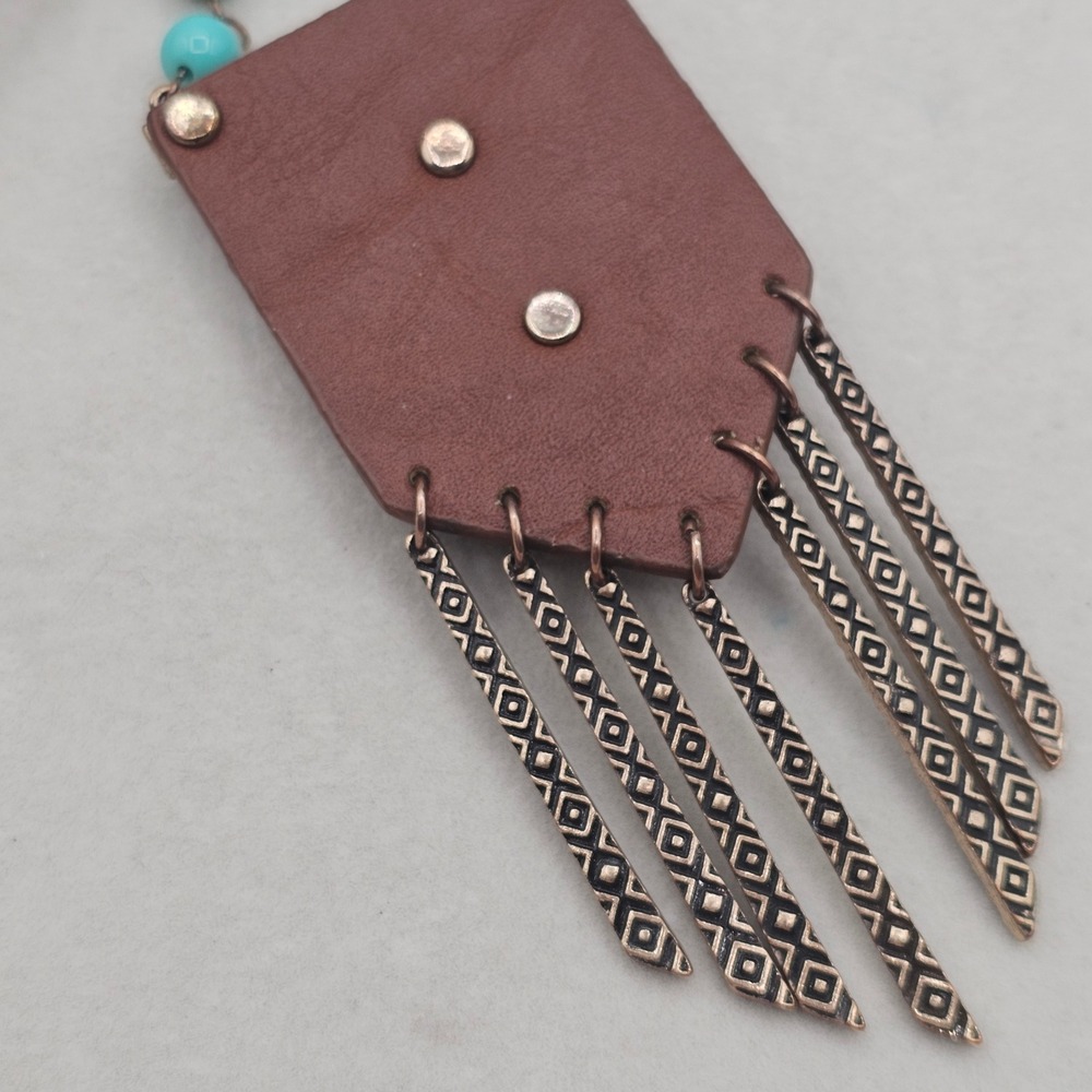 Brown Leather Blue Stone Pendant Necklace Metal Fringe Boho Tribal Southwest - Picture 5 of 13